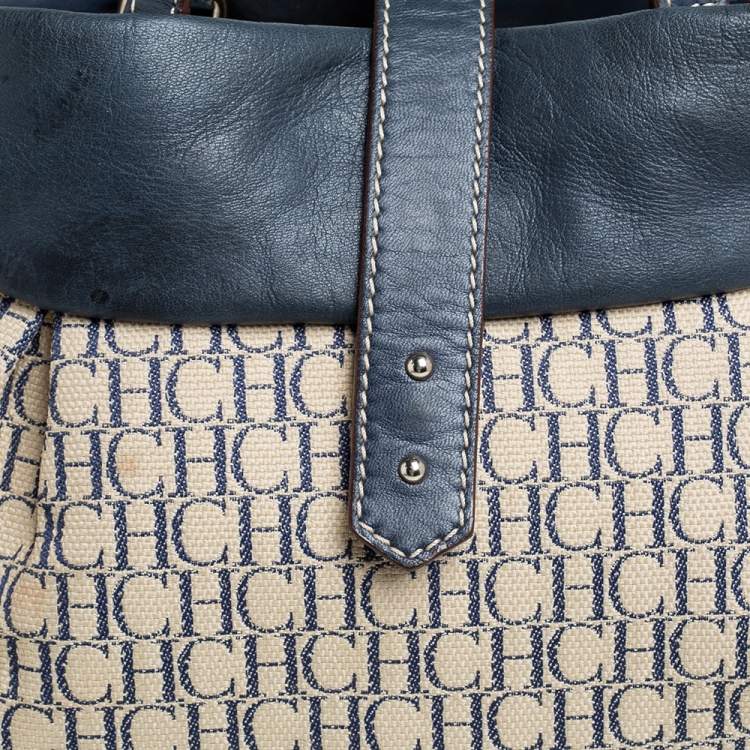 Pre Owned Carolina Herrera Blue/Off White Monogram Canvas and Leather Hobo