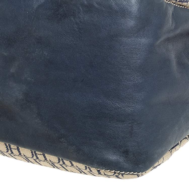Pre Owned Carolina Herrera Blue/Off White Monogram Canvas and Leather Hobo
