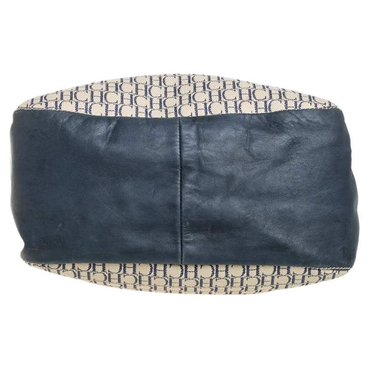Pre Owned Carolina Herrera Blue/Off White Monogram Canvas and Leather Hobo
