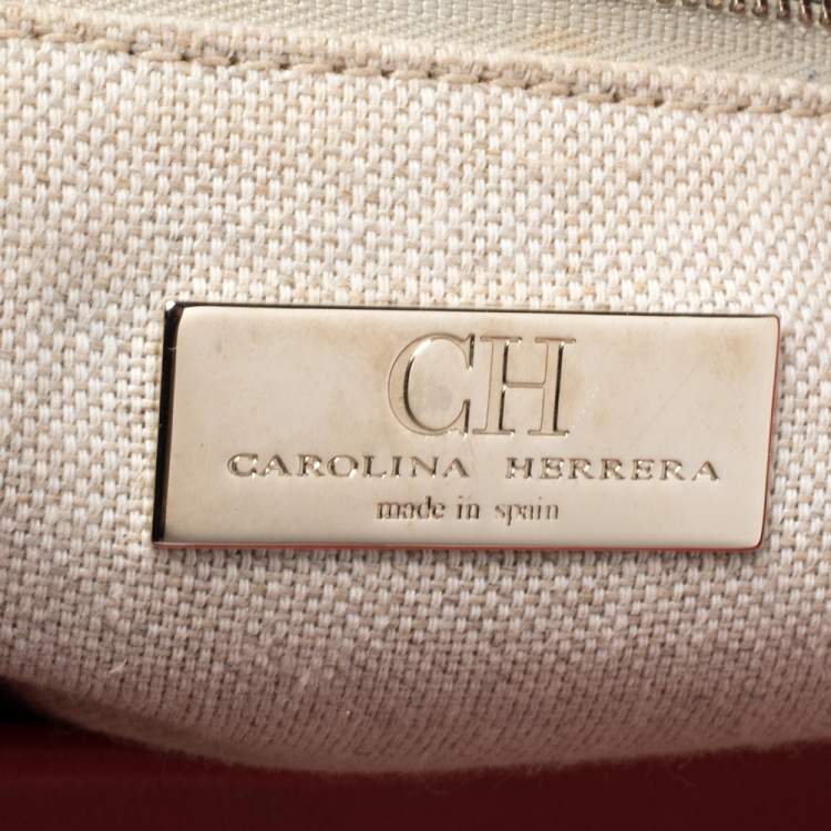 Pre Owned Carolina Herrera Red Leather Logo Embossed Charm Tote