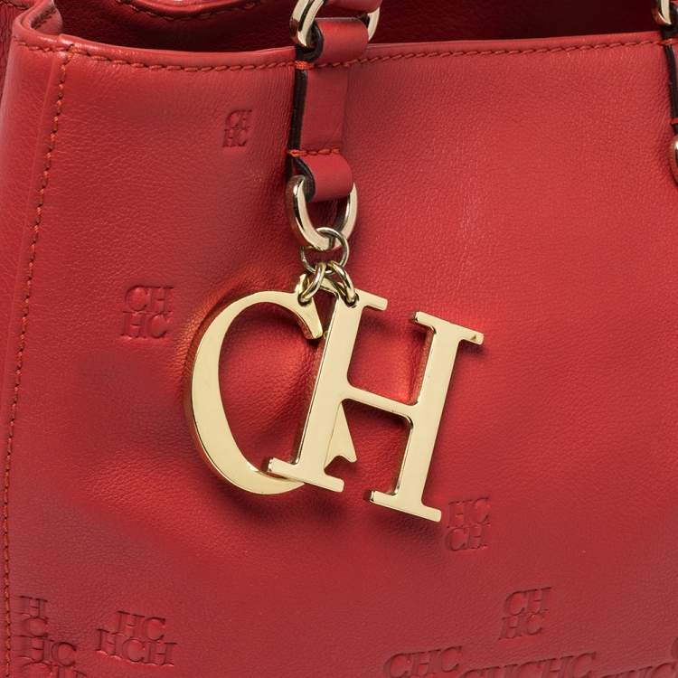 Pre Owned Carolina Herrera Red Leather Logo Embossed Charm Tote