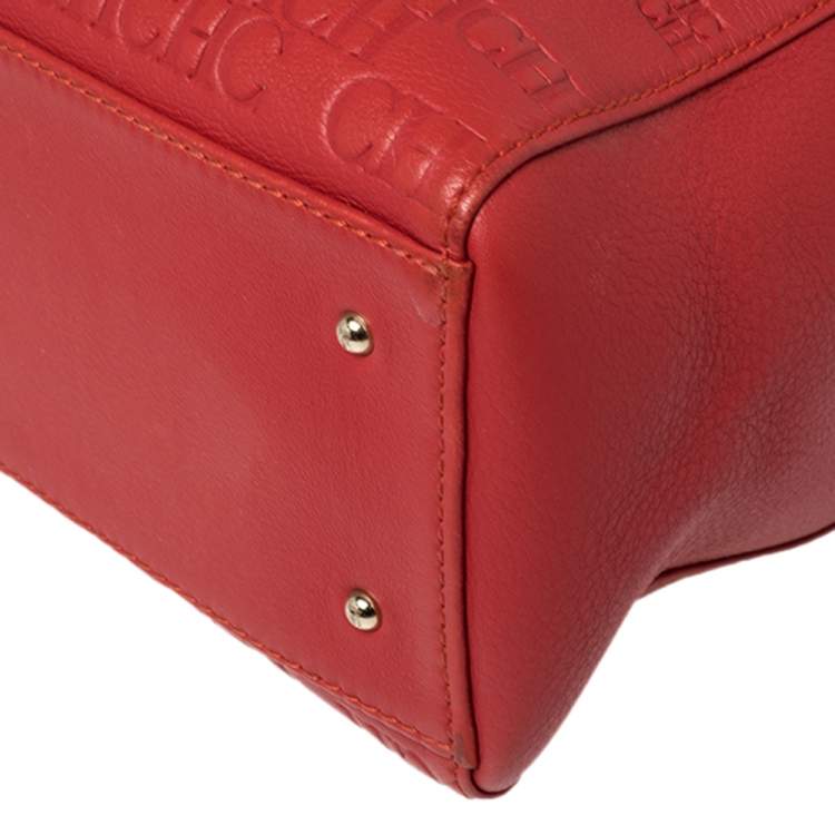 Pre Owned Carolina Herrera Red Leather Logo Embossed Charm Tote