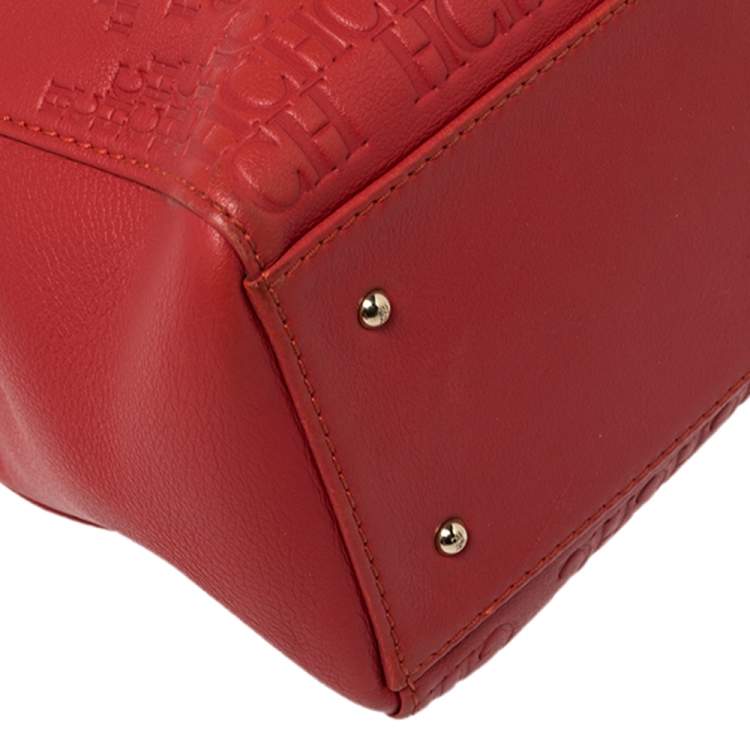 Pre Owned Carolina Herrera Red Leather Logo Embossed Charm Tote