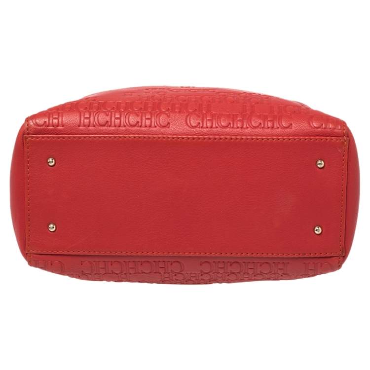 Pre Owned Carolina Herrera Red Leather Logo Embossed Charm Tote