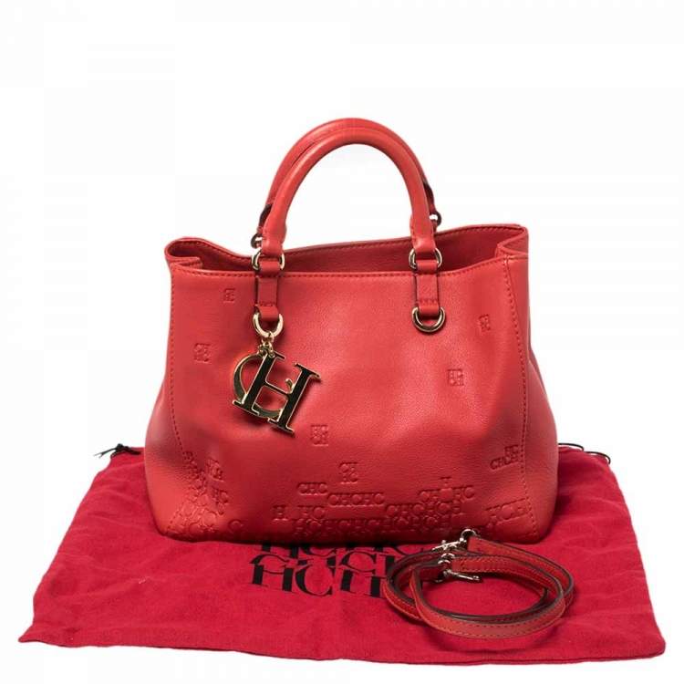 Pre Owned Carolina Herrera Red Leather Logo Embossed Charm Tote