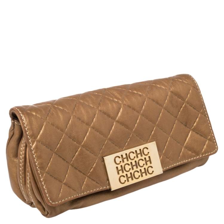 Pre Owned Carolina Herrera Metallic Beige Quilted Leather Flap Clutch