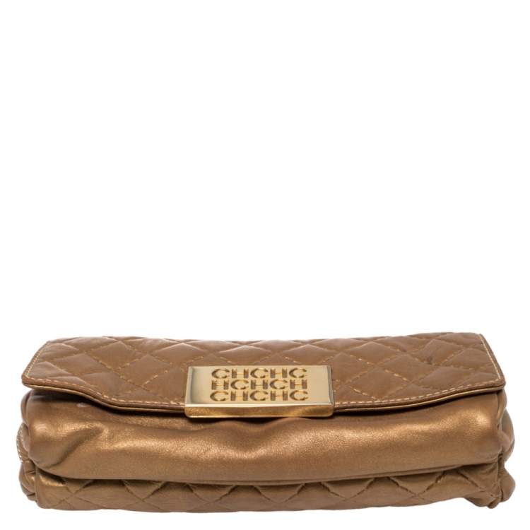 Pre Owned Carolina Herrera Metallic Beige Quilted Leather Flap Clutch