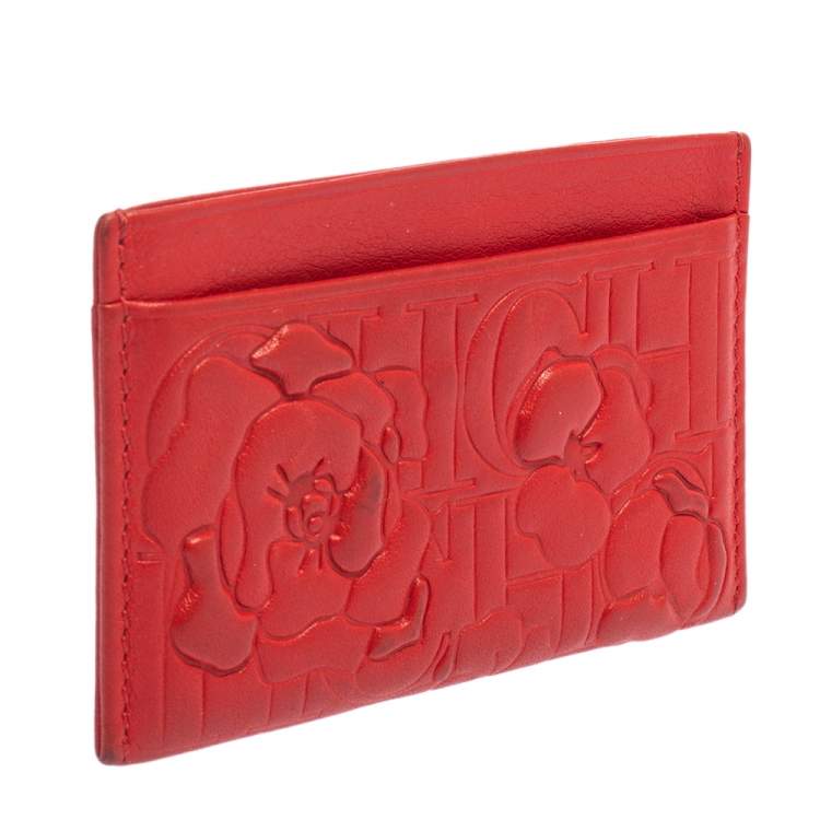 Pre Owned Carolina Herrera Red Embossed Leather Card Holder