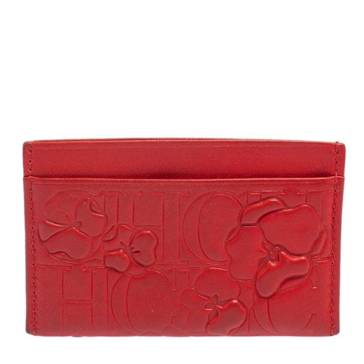Pre Owned Carolina Herrera Red Embossed Leather Card Holder