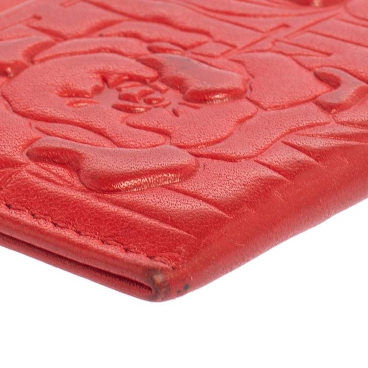 Pre Owned Carolina Herrera Red Embossed Leather Card Holder