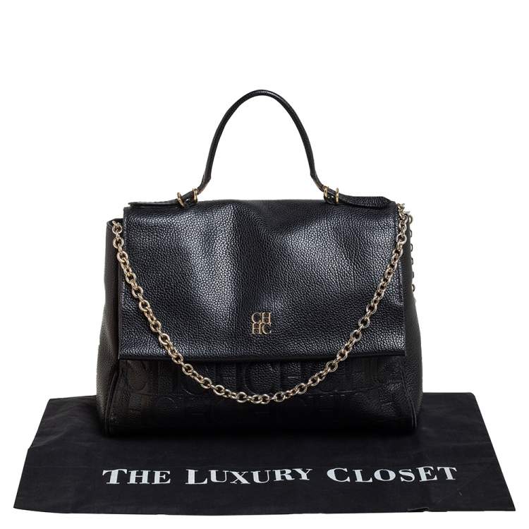 Pre Owned Carolina Herrera Black Monogram Embossed Leather Minuetto Top Handle Bag
