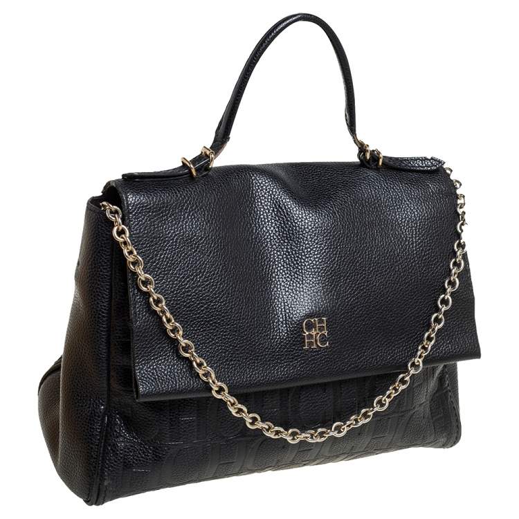 Pre Owned Carolina Herrera Black Monogram Embossed Leather Minuetto Top Handle Bag