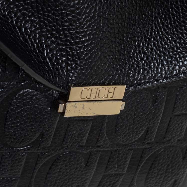 Pre Owned Carolina Herrera Black Monogram Embossed Leather Minuetto Top Handle Bag