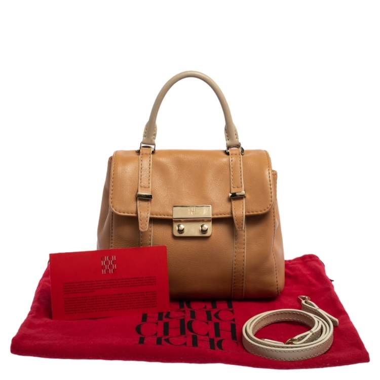 Pre Owned Carolina Herrera Tan Leather Small Top Handle Bag 