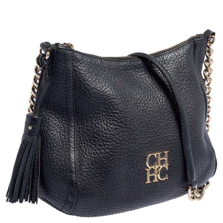 Pre Owned Carolina Herrera Black Leather Chain Tassel Shoulder Bag