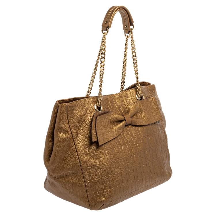 Pre Owned Carolina Herrera Metallic Gold Embossed Monogram Leather Audrey Tote 