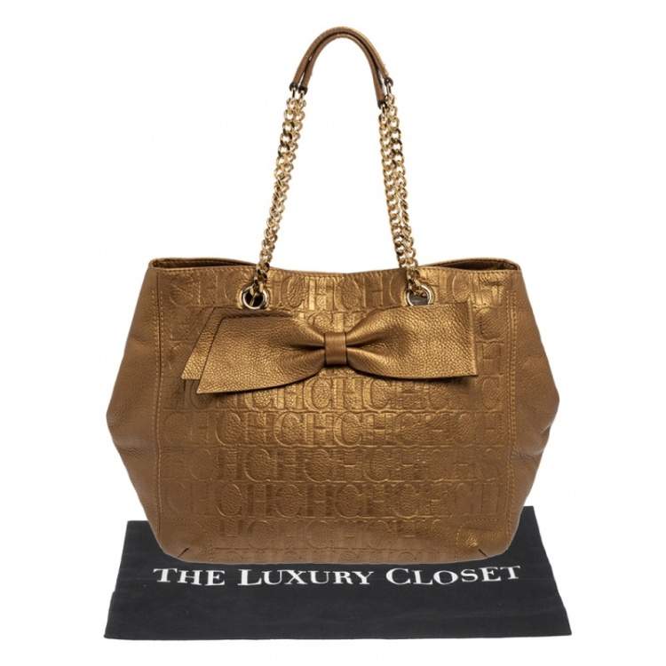 Pre Owned Carolina Herrera Metallic Gold Embossed Monogram Leather Audrey Tote 