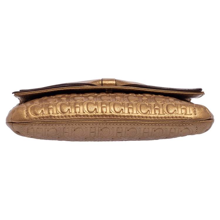 Pre Owned Carolina Herrera Gold Monogram Embossed Leather Bow Chain Clutch 