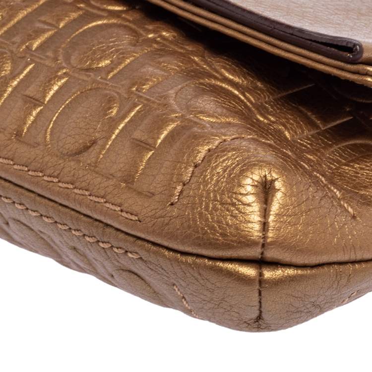 Pre Owned Carolina Herrera Gold Monogram Embossed Leather Bow Chain Clutch 
