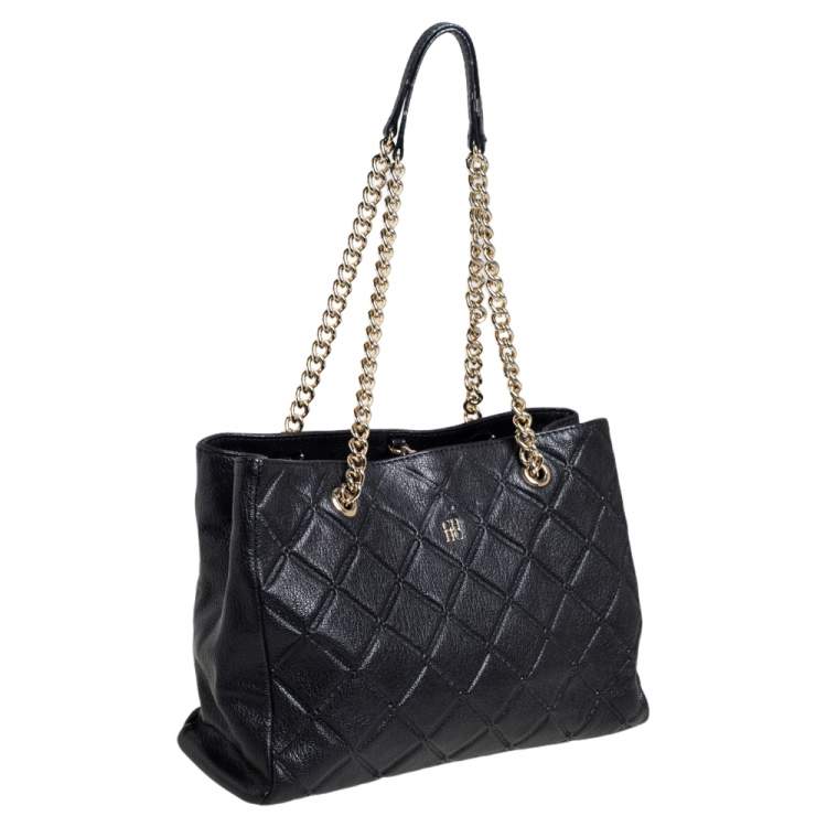 Pre Owned Carolina Herrera Black Quilted Leather Chain Tote