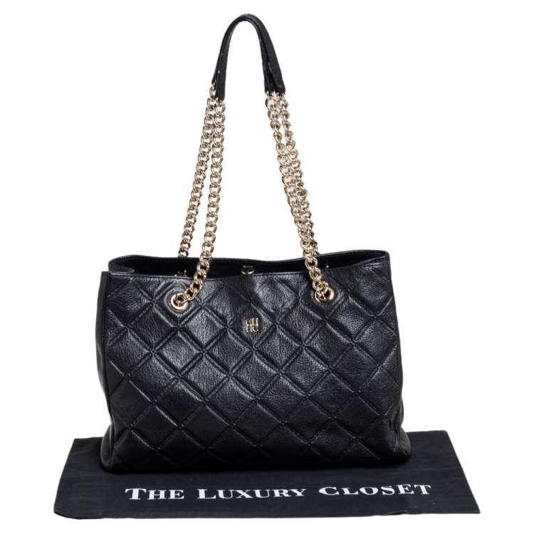 Pre Owned Carolina Herrera Black Quilted Leather Chain Tote
