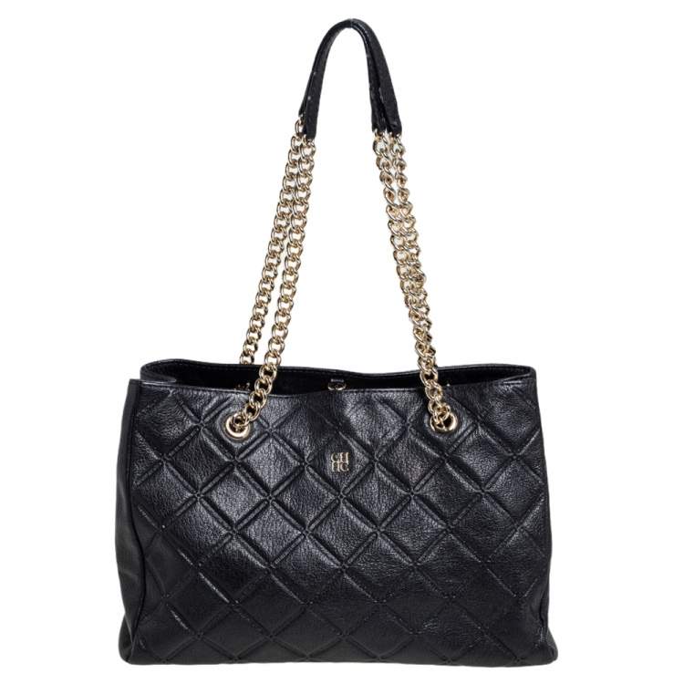 Pre Owned Carolina Herrera Black Quilted Leather Chain Tote