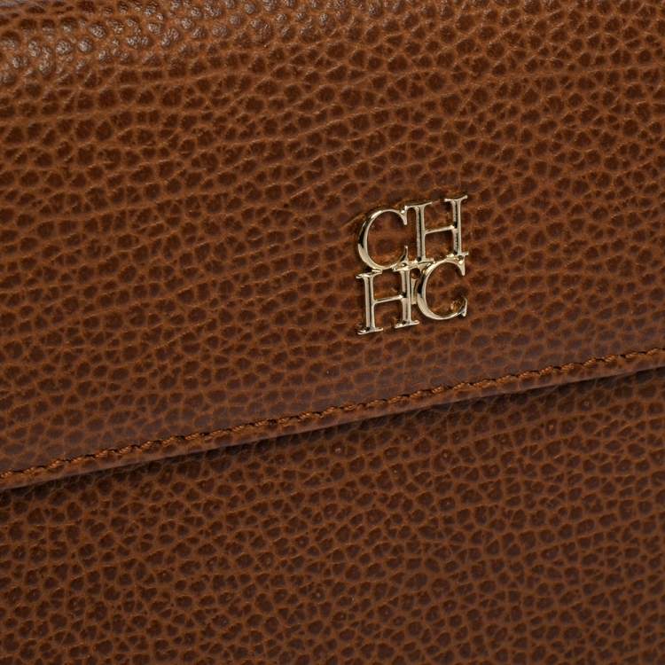 Pre Owned Carolina Herrera Brown Leather Flap Wallet Oragnizer 