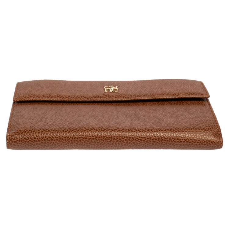 Pre Owned Carolina Herrera Brown Leather Flap Wallet Oragnizer 
