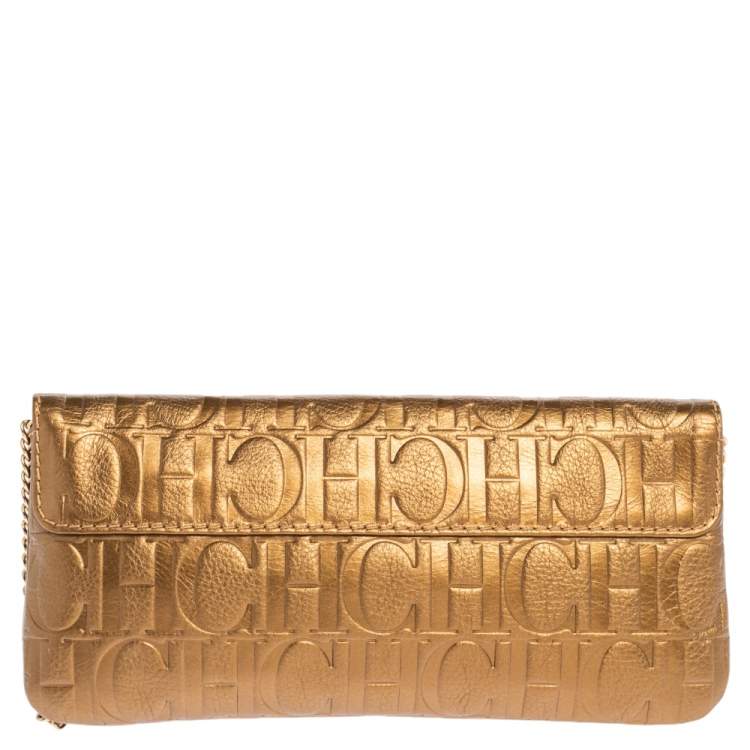 Pre Owned Carolina Herrera Gold Monogram Embossed Leather Bow Chain Clutch 