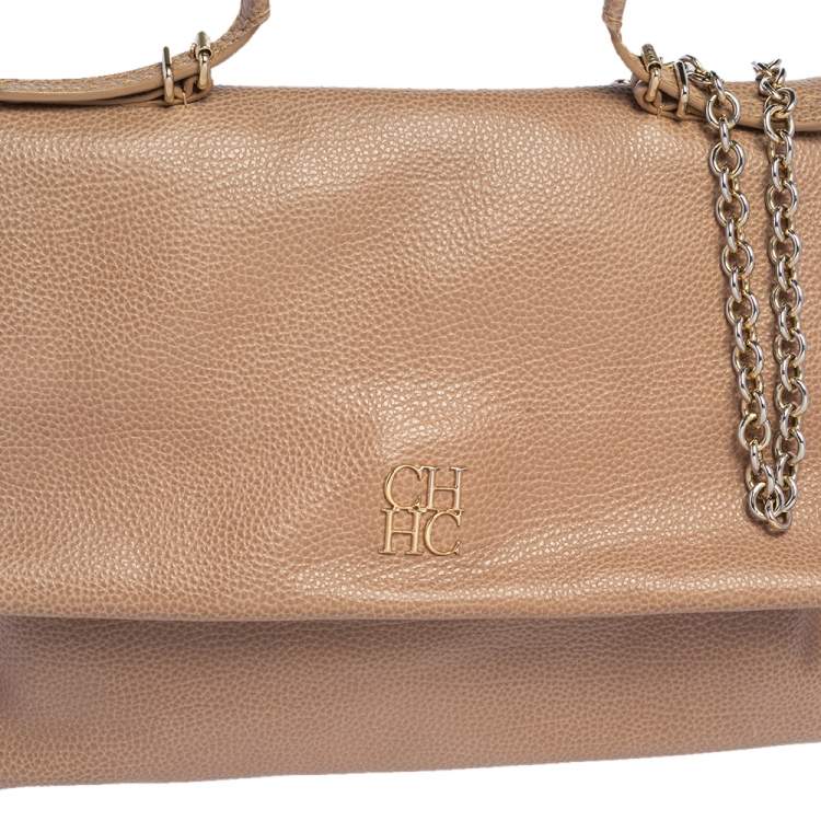 Pre Owned Carolina Herrera Beige Leather Minuetto Flap Top Handle Bag