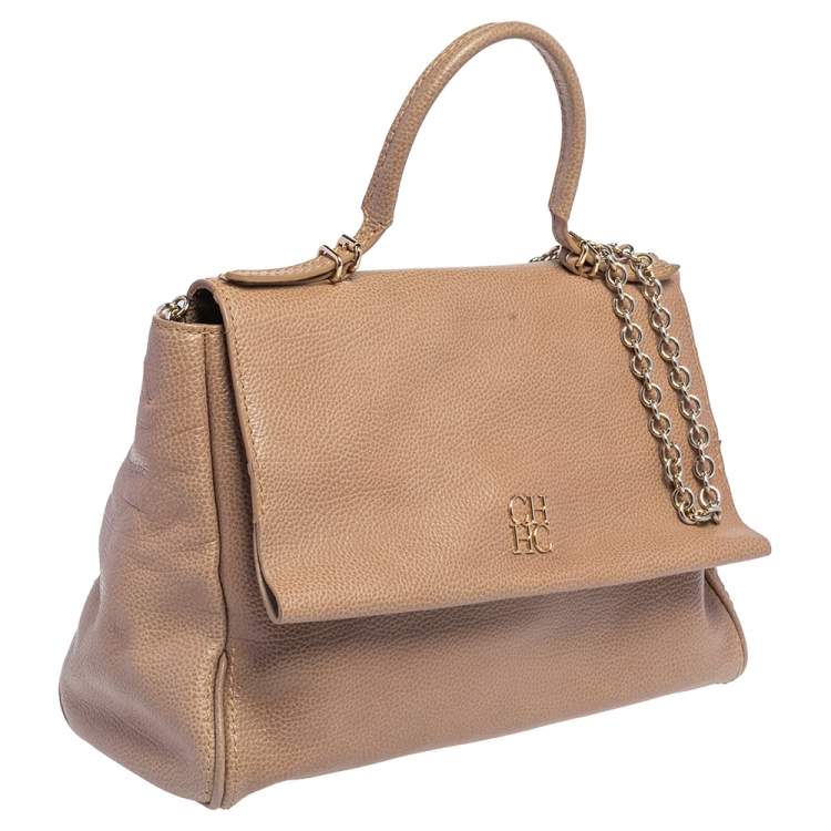 Pre Owned Carolina Herrera Beige Leather Minuetto Flap Top Handle Bag