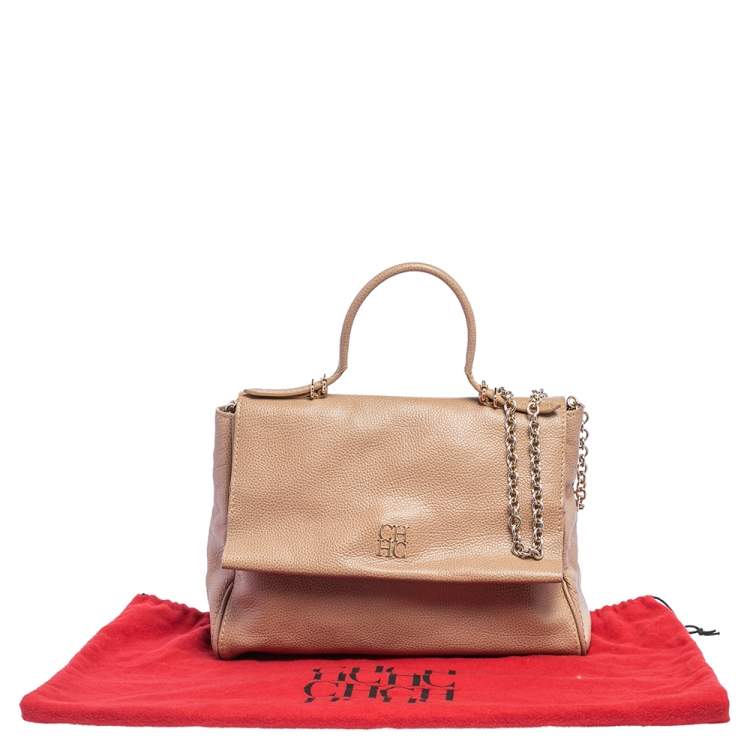 Pre Owned Carolina Herrera Beige Leather Minuetto Flap Top Handle Bag