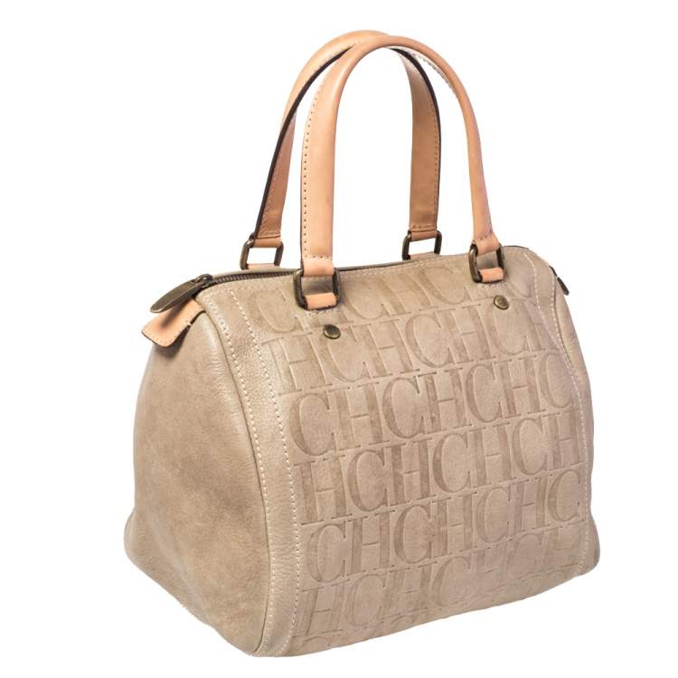Pre Owned Carolina Herrera Beige Monogram Embossed Leather Andy Boston Bag