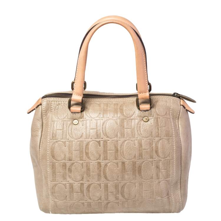 Pre Owned Carolina Herrera Beige Monogram Embossed Leather Andy Boston Bag