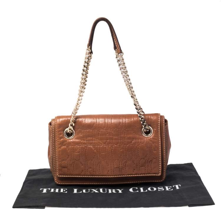 Pre Owned Carolina Herrera Brown Leather Flap Chain Shoulder Bag