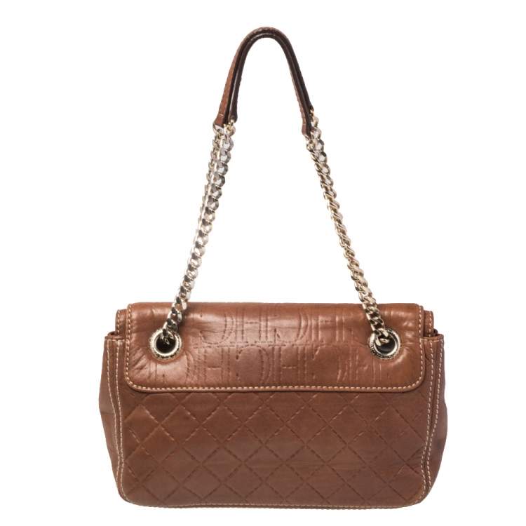 Pre Owned Carolina Herrera Brown Leather Flap Chain Shoulder Bag