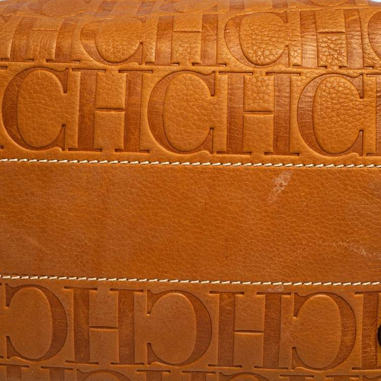 Pre Owned Carolina Herrera Brown Monogram Embossed Leather Andy Boston Bag