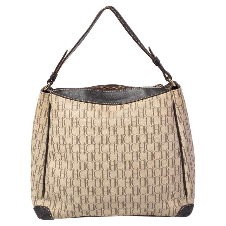 Pre Owned Carolina Herrera Brown/Beige Monogram Canvas and Leather Hobo