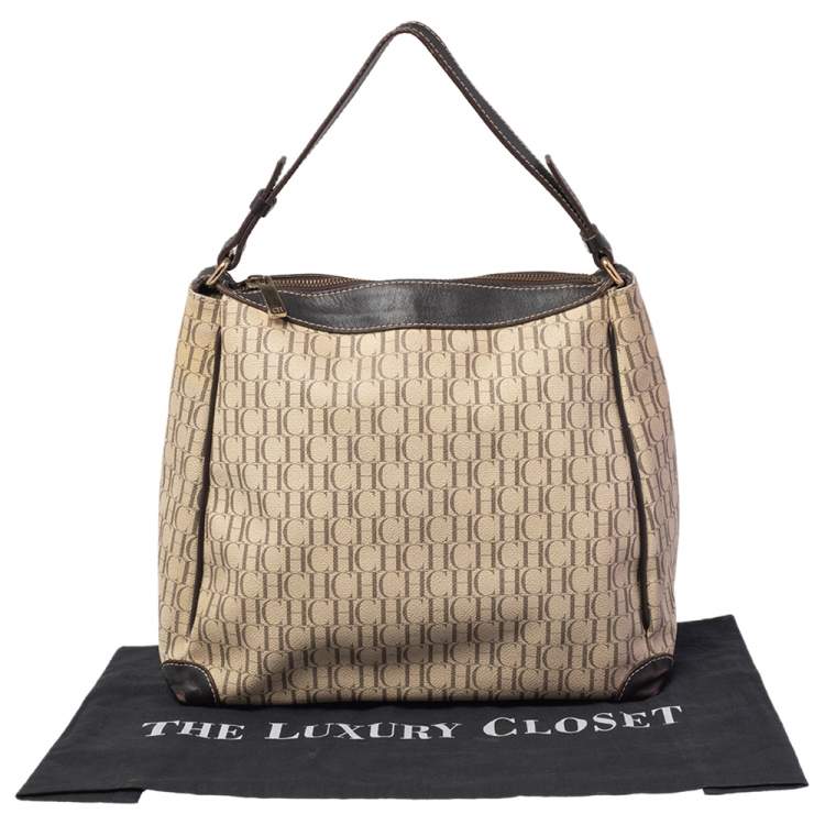 Pre Owned Carolina Herrera Brown/Beige Monogram Canvas and Leather Hobo