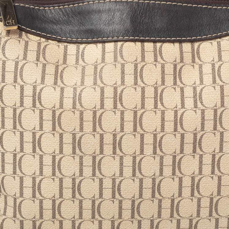 Pre Owned Carolina Herrera Brown/Beige Monogram Canvas and Leather Hobo