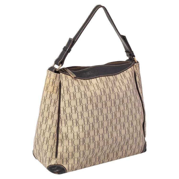 Pre Owned Carolina Herrera Brown/Beige Monogram Canvas and Leather Hobo