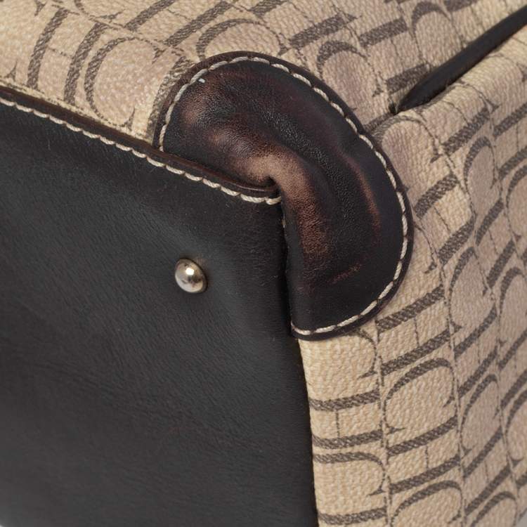Pre Owned Carolina Herrera Brown/Beige Monogram Canvas and Leather Hobo