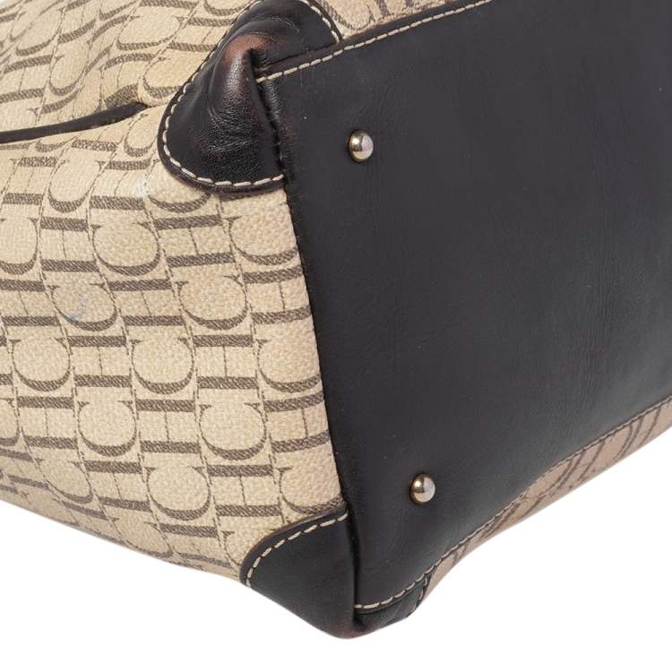 Pre Owned Carolina Herrera Brown/Beige Monogram Canvas and Leather Hobo