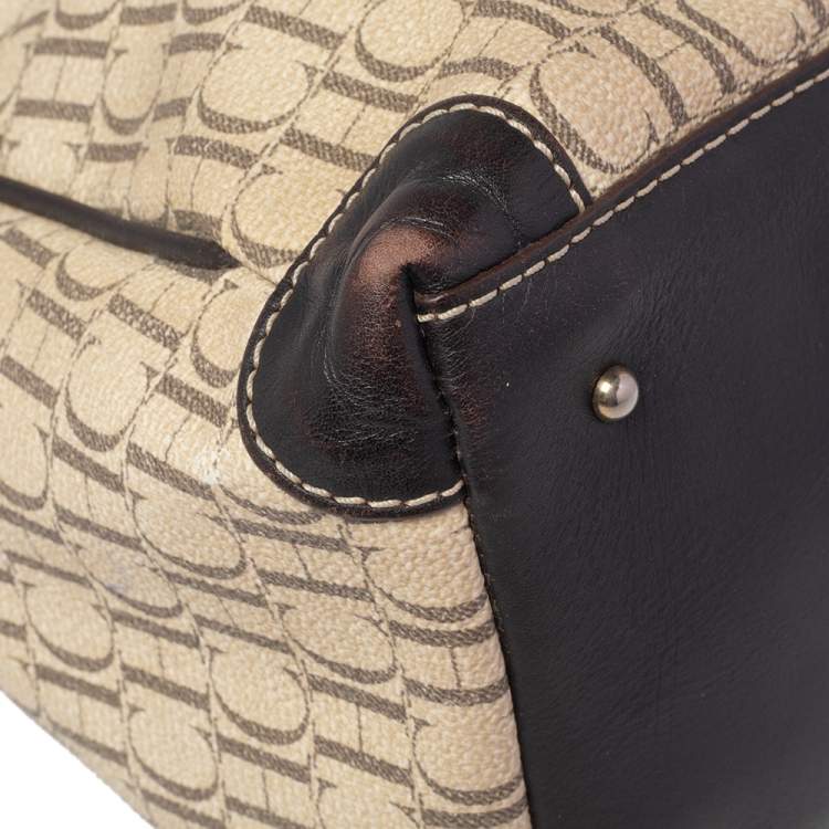 Pre Owned Carolina Herrera Brown/Beige Monogram Canvas and Leather Hobo