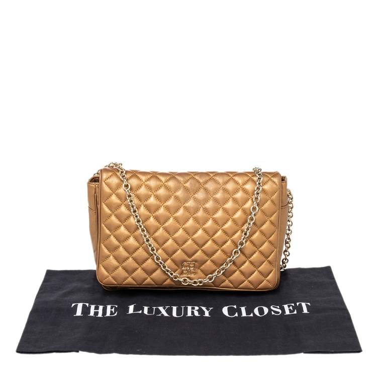Pre Owned Carolina Herrera Metallic Gold Quilted Leather Chain Flap Shoulder Bag
