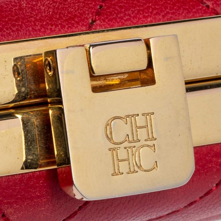 Pre Owned Carolina Herrera Red Chevron Leather Metal Frame Chain Clutch