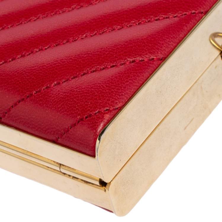 Pre Owned Carolina Herrera Red Chevron Leather Metal Frame Chain Clutch