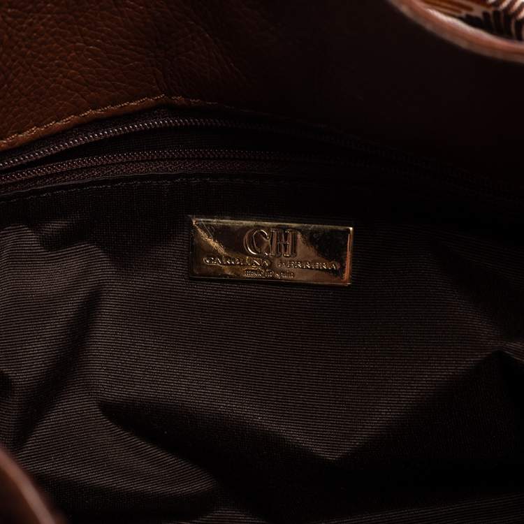 Pre Owned Carolina Herrera Brown Monogram Embossed Leather Scarf Hobo