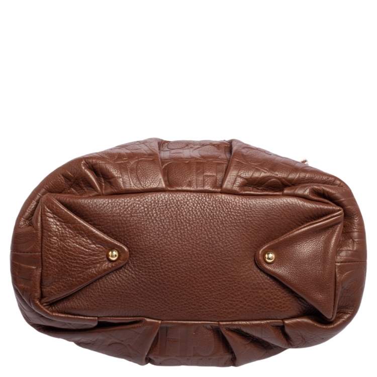 Pre Owned Carolina Herrera Brown Monogram Embossed Leather Scarf Hobo