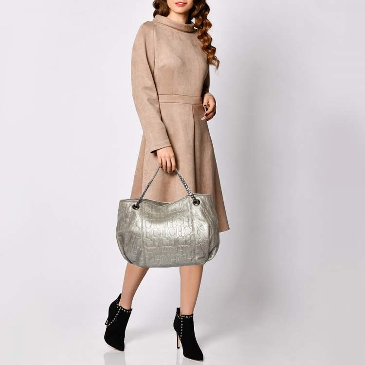 Pre Owned Carolina Herrera Metallic Grey Monogram Embossed Leather Chain Hobo